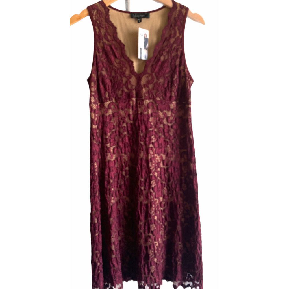 Karen Kane Dress Womens‎ Medium Mahogany Red V-Neck Scalloped Stretch Lace New